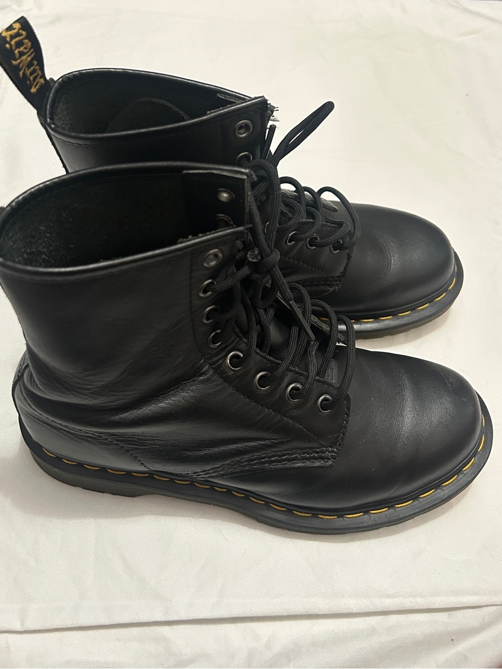 Dr. Martens Black Leather Lace-Up Boots with Yellow Stitching